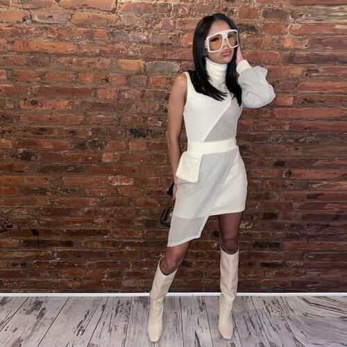 Fashion One-sleeve Fake 2 Piece High Neck Pocket Mesh Patchwork White Sexy Dress See Through Irregular Mini Club Dresses Y2K