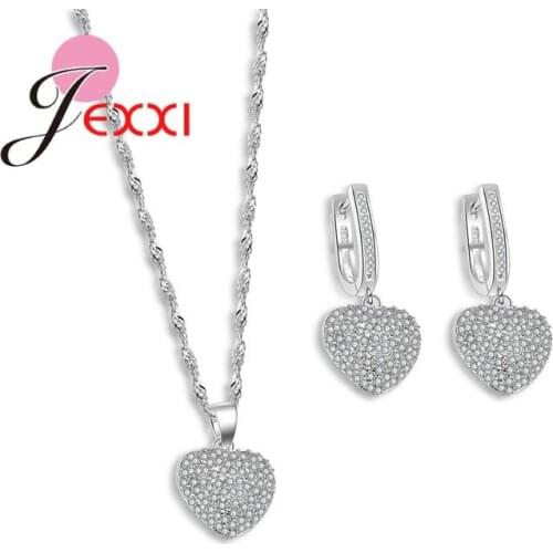 Fashion 925 Sterling Silver Jewelry Set For Women Wedding Accessory Heart Shape Full Clear Crystal Necklace Drop Earring Sets