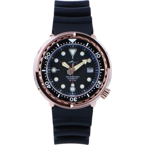 HEIMDALLR Mens Dive Watch Sapphire Ceramic Bezel Rose Gold Plated Case Luminous 200M Waterproof NH35 Automatic Movement Watches