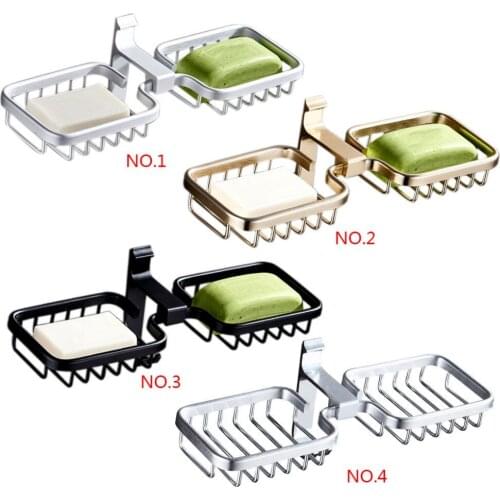 Soap Dish Double Aluminum Soap Holder Punch Free No Drill Bathroom Soap Rack Wall-Mounted Shelf Metal Holder Box Frame 4 Colors
