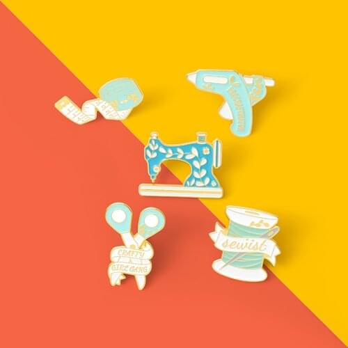 DIY Sewing Kit Enamel Pins Fabric Sewing Lapel pin Scissors Glue gun Sewing machine Tape measure Seamstress Jewelry Lover Gifts