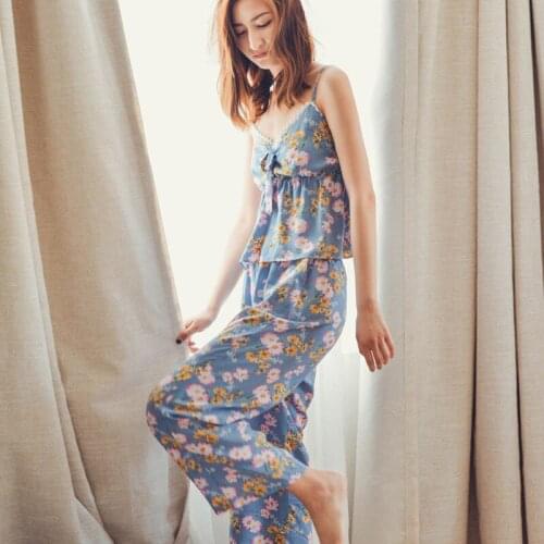 Yomrzl A673 New arrival summer home style pajama set blue flower daily sleepwear sweet sleeveless sleep set indoor clothes