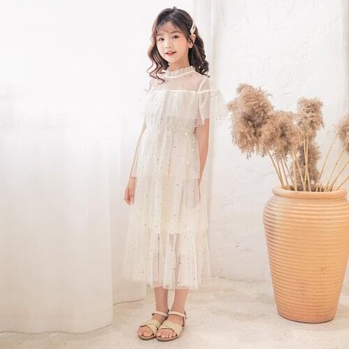 10 12 years Girls Short Sleeve Party Elegant Dress Lace Sequined Cotton Dress Kids & Teenager Wedding Celebration Clothes