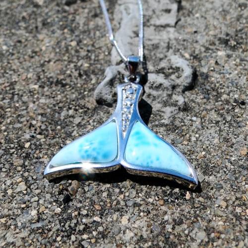 Hot Selling Beautiful 925 Sterling Silver Natural Dominca Larimar Whale Tail Pendant Necklace For Gift