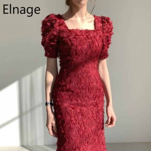 Korean Vintage Square Neck Slim Backless Black Feather Tassel Bag Hip Dress Women Summer Puff Short Sleeve Red Dress Midi 5B421