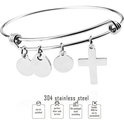 Adjustable DIY Bangle 304 Stainless Steel Round/cross/Water Droplets Charms Bracelet Women Blank Pendant Jewelry 10pcs