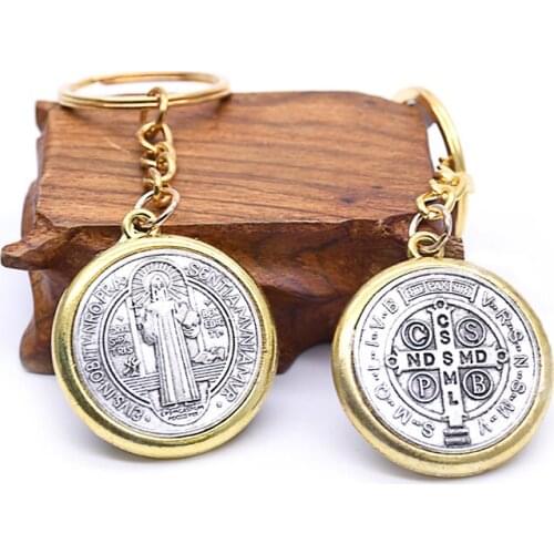 Religious CSPB Ancient Silver Color Key Ring Saint Benedict Medal Exorcism Pendant Keychain Keyring Catholic Prayer Jewelry Gift