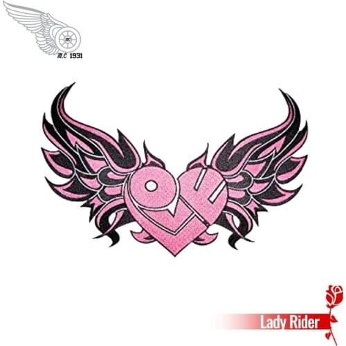 Pink Heart Lady Rider Embroidered Iron On Back of Jacket Patch Black twill fabric Free Shipping DIY Custom Design