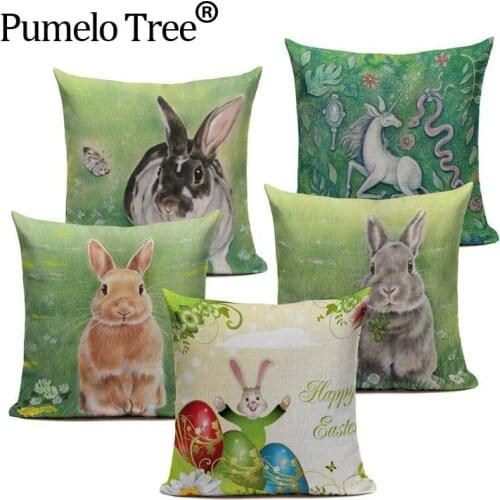 Happy Easter Cute Smiling Bunny Rabbit Color Eggs Home Cotton Linen Throw Pillow Case Personalized Cushion Cover Animal Office