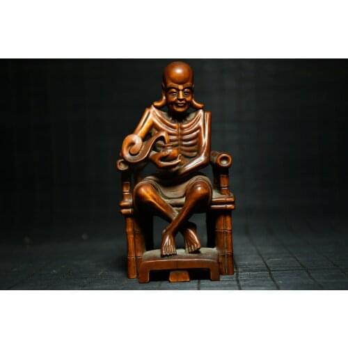 5"China Lucky Old Boxwood Hand-carved Bench buddha Slimming Lohan Buddha statue Office Ornaments Town House Exorcism