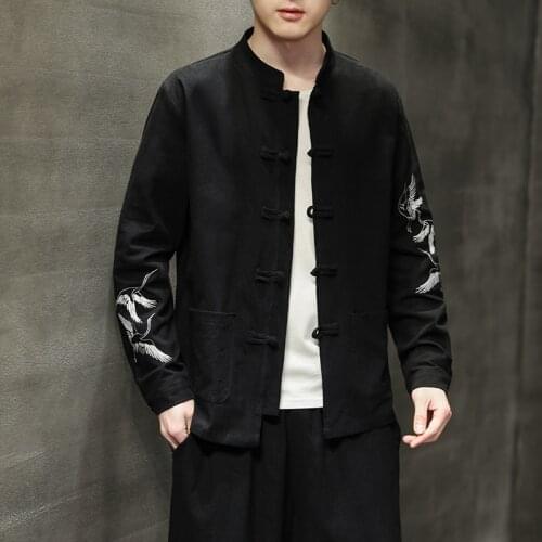 Traditional Chinese Style Embroidery Crane Hanfu Blouse Tang Suit Men Kungfu Shirts Tops Jacket Cheongsam New Year Coats KK3563