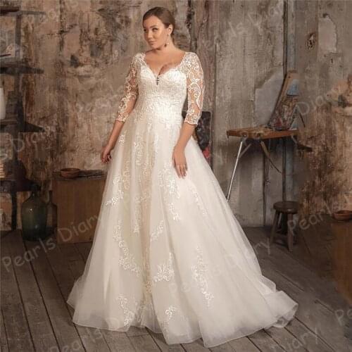 Gorgeous Sweep Train Plus Size Wedding Dress 2021 Vestido De Noiva A Line Bridal Gowns V Neck 3/4 Sleeves Applique Bride Dresses