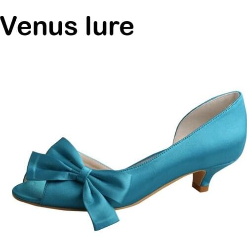Venus lure Customized Color Low Heel Wedding Shoes for Bride Aqua Blue Satin with Bows