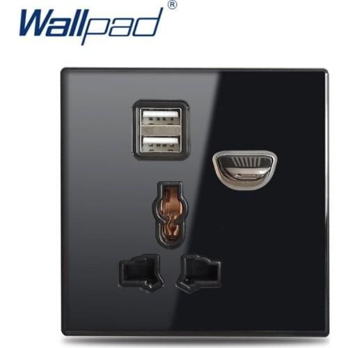 Wallpad L6 Universal EU UK Switched Wall Socket with 2.1A Double USB Charging Port LED Indicator Black Tempered Glass Panel