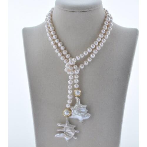 Z10627 34" 35mm White Baroque & Round Freshwater Pearl Necklace Pendant