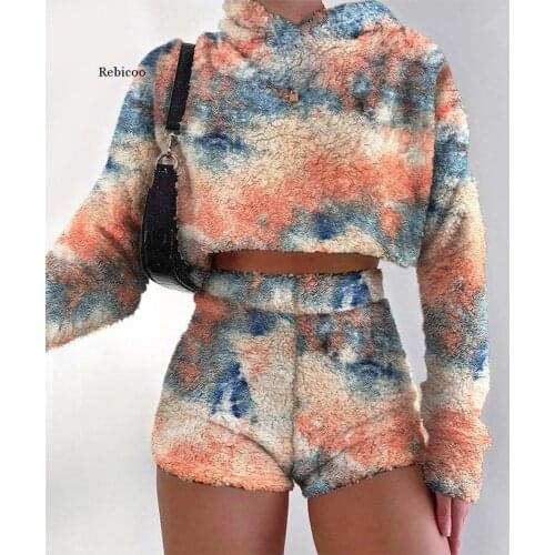 Womens 2-Piece Outfit Set Cozy Sport Fitness Set Lambswool Tie Dye Crop Long Sleeve Hoodies Pullover Short High Waist Pants Set