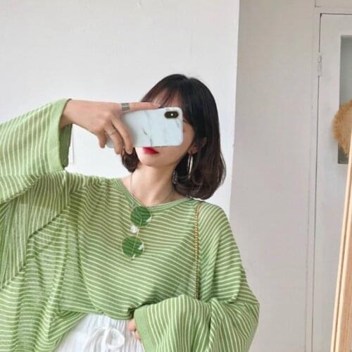 2021 New Element Ice Silk Knit Sweater Women Summer Thin Sunscreen Shirt Green Striped Hollow Top All-match Tshirt for Women