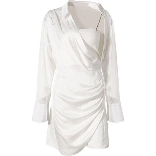 SeeBeautiful Two Piece Rhinestone Strap Vest Irregular Pleated V-neck Long Sleeve Loose Dress Woman Summer 2021 New Fashion E620