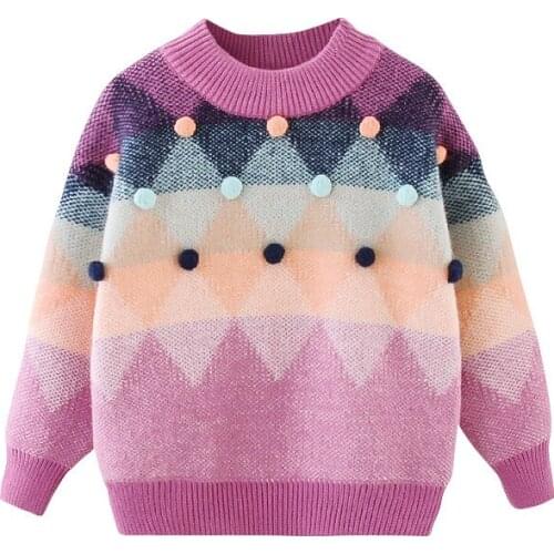 Girls Winter Thicken Knitted Sweater Girls Mink Fleece Plaid Knitted Cute Fur Ball Color Block Head Warm Sweater Girls Sweater
