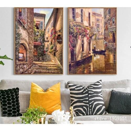 No frame Mediterranean water city stone house canvas printings oil painting printed on cotton home wall art decoration pictures