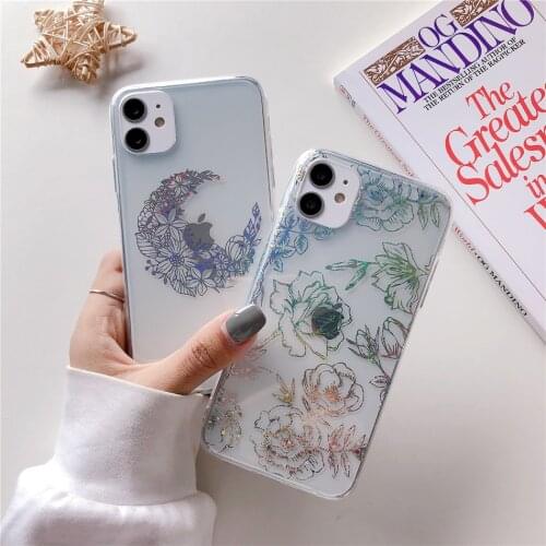 Glitter Plating Moon Rose Flower Butterfly Phone Case For iPhone 12 11 Pro XS Max XR X 7 8 Plus SE 2020 Soft Clear Back Cover