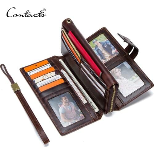 CONTACTS crazy horse leather mens clutch long wallet zipper coin purse for cell phone male card holder vintage cuzden wallets