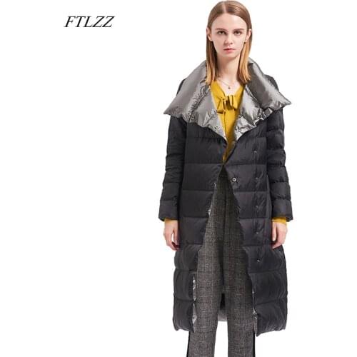 FTLZZ 90% Ultra Light Down Jacket Women Medium Long Double Breasted Warm Parkas Plus Size 3XL Female Double Sided Coat