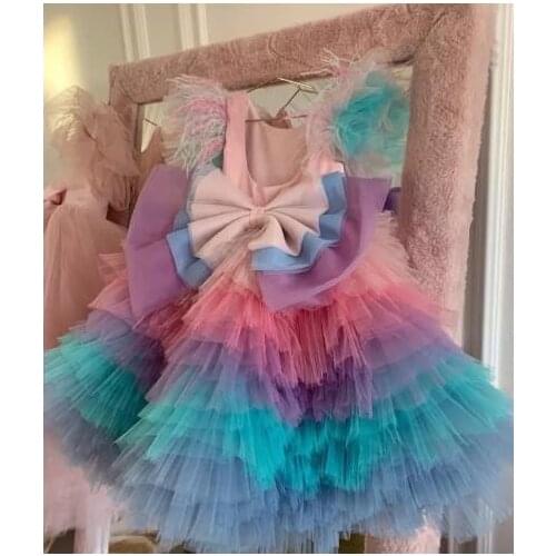 Beautiful Knee Length Girls Dresses Tiered Tulle Little Princess Birthday Party Wear Frock Ceremony Photoshoot