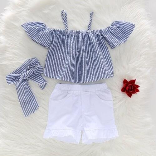 Summer Kids Toddler Girls Striped Off Shoulder T-Shirt +White Cotton Shorts With Belt Children Holiday Clothes Sets Suit