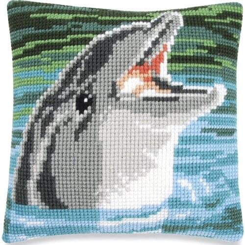 Cross Stitch Cushion Front Dolphin Laughing Needlepoint Kits Printed Canvas Chunky Yarn Cross-stitch Pillow Case Arts & Crafts
