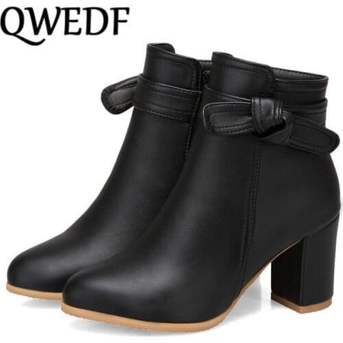2019 Autumn Fashion Butterfly-knot Women Boots Big Size Round Toe Ankle Boots High Heel Block Western Boots Leather S2-93