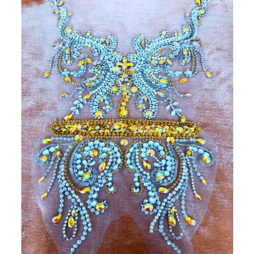 Pure hand made golden/silver sew on Rhinestones applique on mesh crystals trim patches 60*32cm DIY dress accessory