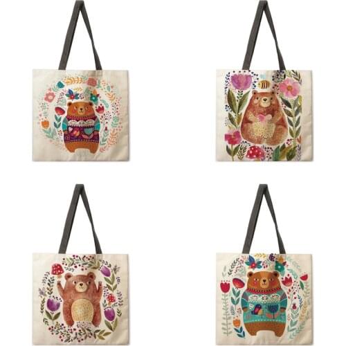 Nordic illustration bear print tote bag linen fabric casual tote bag foldable shopping bag reusable beach bag lady shoulder bag