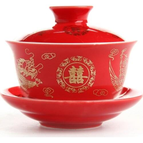 Dragon and Phoenix Double Happiness Wedding Red Tea Cover Bowl
