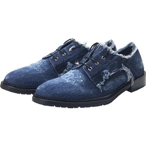 High Quality Pointed toe Blue Fashion denim casual shoes handmade Lace up Men shoes