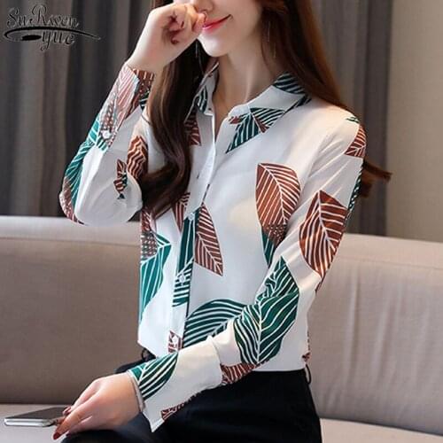 2021 Long Sleeve Print Chiffon Shirt Women Korean New Loose Office Lady Blouse Women Tops and Blouses Blusas Mujer De Moda 10617