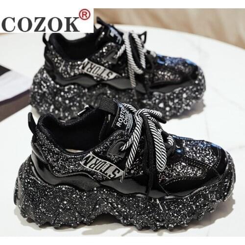 2021 New Women Chunky Sneakers Designer Dad Shoes Platform Shining Black Red Ladies Ulzzang Fashion Leather Casual Shoe Woman