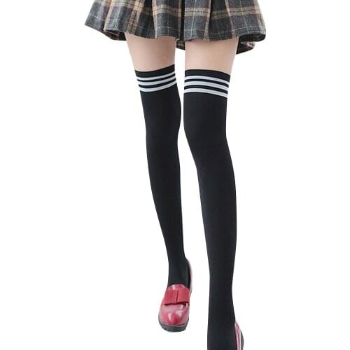 College Wind Women Fashion Thigh High Socks Sexy Warm Cotton Over The Knee Socks Black White Striped Long Stockings For Girls 2