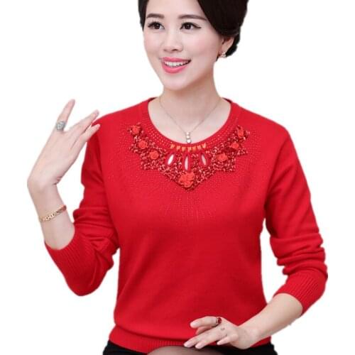 New Autumn Winter Women Beading Sweater 2019 O-Neck Elegant Pullover Sweater Jumper Loose Casual Knitted Sweater Pull Femme R869