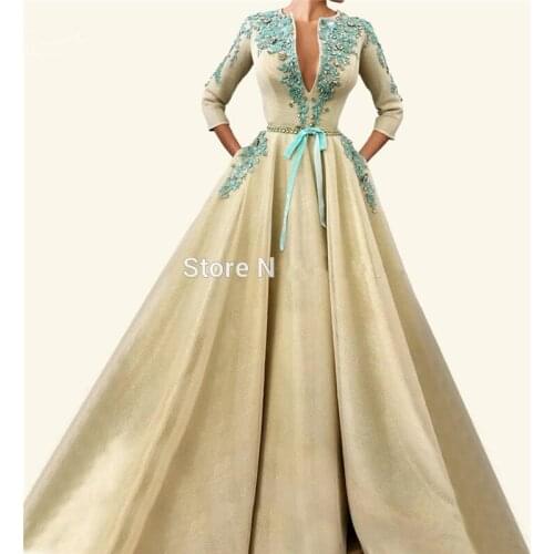 Plus Size Muslim Evening Dresses A-line 3/4 Sleeves Lace Beaded Long Islamic Dubai Saudi Arabic Long Formal Evening Gown
