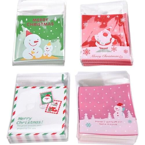100Pcs 4 Designs Christmas Snow And Santa Self-adhesive Packaging Bags For Biscuits Cookie Candy Snack Gift
