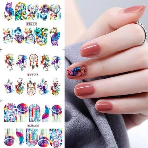 12 Patterns Dreamcatcher Nail Art Water Transfer Decal Sticker Owl Feather full cover nail sticker Manicure Nail Art Tattoo 2020