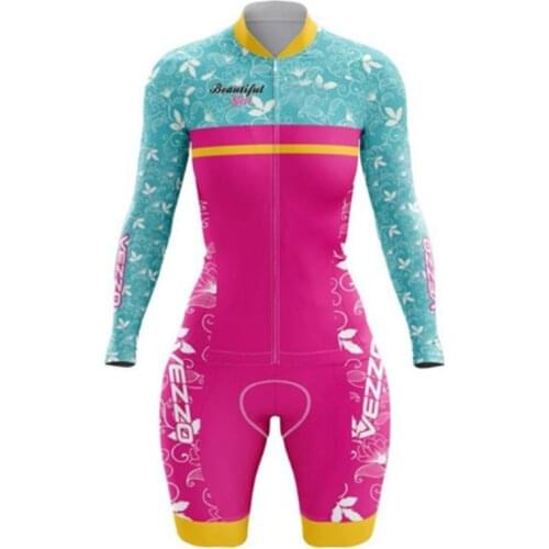 2021 VEZZO Cycling Clothes Womens Professional Long Sleeved Skinsuit Sets Conjunto Feminino Ciclismo Triathlon GEL Pink Pad