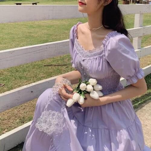 2021 Purple Elegant Lace Long Maxi Dress Vintage Square Collar Female Franch Dress Casual Holiday Lady Vestidos Boho Beach Dress