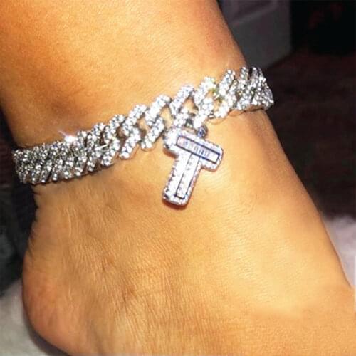 Hip Hop Crystal Baguette A-Z Alphabet Anklet Bracelet On The Leg For Women Men Iced Out Thick Chunky Cuban Link Anklets Jewelry