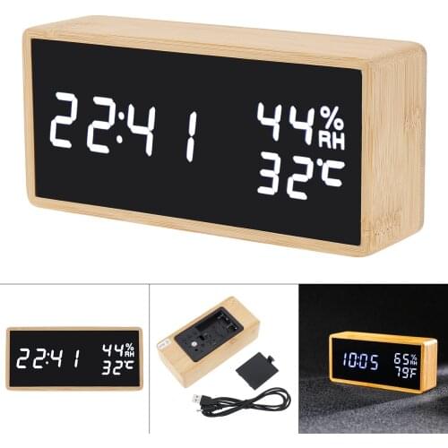 LED Wood Bamboo Digital Mirror Alarm Clock Temperature Electronic Clock Sounds Control Digital LED Display Desktop Table clock