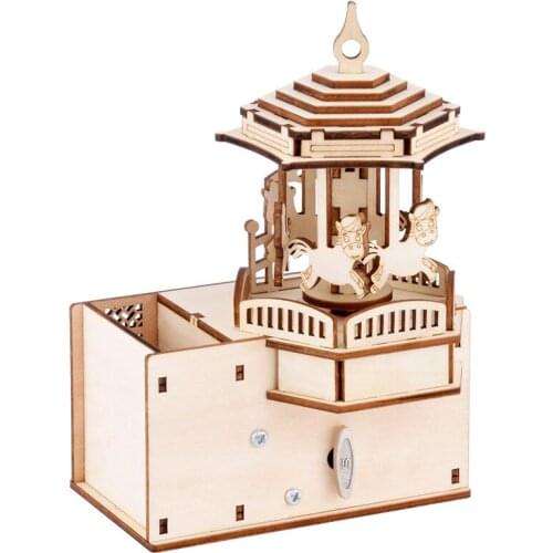 Wooden 3D 3D Puzzle Model Puzzle Childrens Toy Carousel Clockwork Music Box Pen Holder Wooden Puzzle wooden decoration