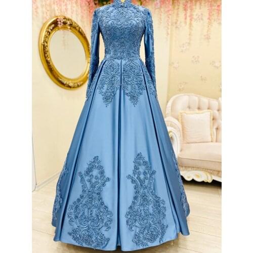 Elegant Satin Appliques Muslim Prom Dress 2021 High Neck Long Sleeve Saudi Arabic Islamic Beaded Evening Formal Party Ball Gowns