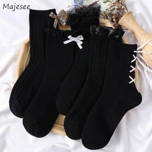 Black Socks Women Design Summer Cotton Breathable Japanese Fashion Female Solid Casual Middle Tube All-match Preppy Lolita Newly