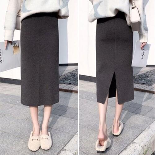Autumn Winter 2021 Womens Skirt Back Split Knit Medium Length High Waist A-shaped Skirt Hip Wrap Skirt Girl Commuter Gray